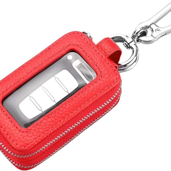 Car Key Fob Case, Genuine Leather Remote Keychain Bag with Lanyard and Zipper Cl - Picture 1 of 6